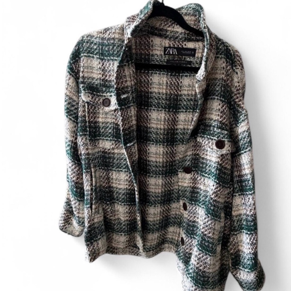 Zara Women's Green and Cream Plaid Blazer